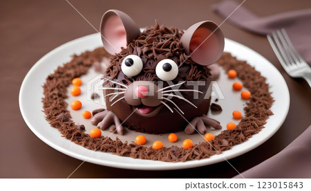 Chocolate rat cake with pink ears and whiskers on a white plate decorated with orange candy 123015843