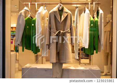 Beautiful fashion clothes in the shop. New collection. Consumerism, shopping, special offer concept. 123015861