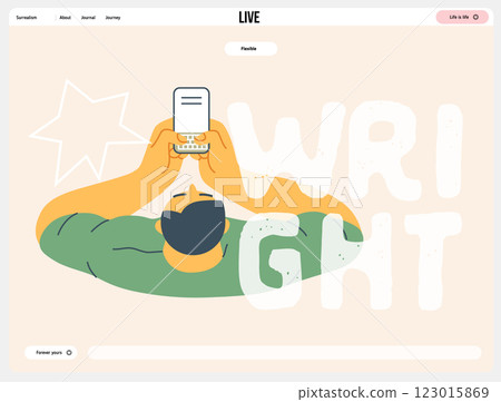 Writing people, modern flat vector concept illustration- sitting man thoughtfully writing on laptop, bubble near head, top view. Metaphor for reflection, insight, contemplation, creative expression Writing people, modern flat vector concept illustration- sitting man thoughtfully writing on laptop, bubble near head, top view. Metaphor for reflection, insight, contemplation, creative expression 123015869