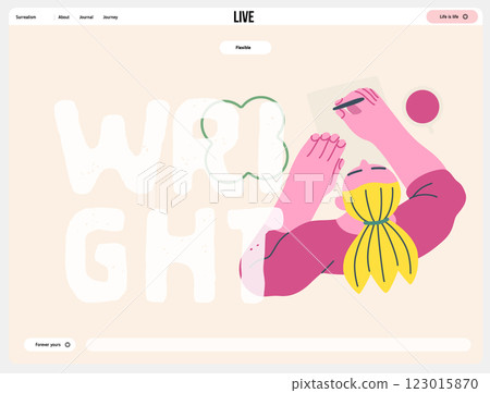 Writing people, modern flat vector concept illustration- sitting woman thoughtfully writing on paper, bubble near head, top view. Metaphor for reflection, insight, contemplation, creative expression 123015870