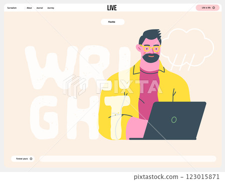 Writing people, modern flat vector concept illustration- sitting man thoughtfully writing on laptop, bubble near head Metaphor for reflection, personal insight, contemplation, creative expression 123015871
