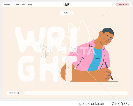 Writing people, modern flat vector concept illustration- sitting woman thoughtfully writing on paper, bubble near head Metaphor for reflection, personal insight, contemplation, creative expression 123015872