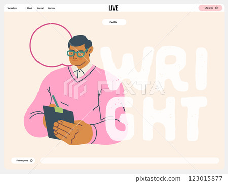 Writing people, modern flat vector concept illustration- standing man thoughtfully writing on clipboard, bubble near head Metaphor for reflection, personal insight, contemplation, creative expression 123015877