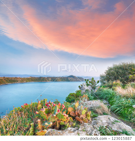 Unbelivable spring view on the the cape Milazzo panorama of nature reserve. 123015887