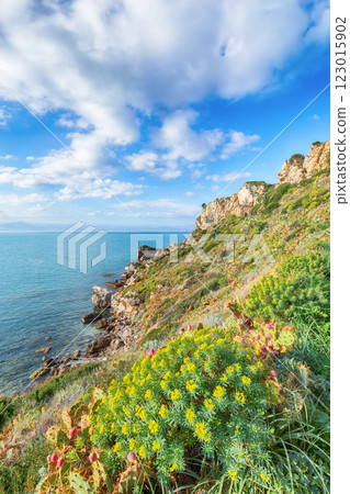 Stunning spring view on the the cape Milazzo panorama of nature reserve Piscina di Venere. 123015902