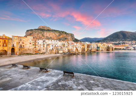 Fantastic evening cityscape of Cefalu city. Popular travel destination of Mediterranean sea. 123015925