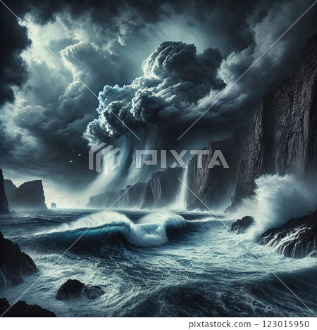 A powerful storm engulfs the coastline as dark clouds swirl overhead, unleashing cascading rain. The turbulent waves crash against jagged cliffs, showcasing nature's raw energy 123015950