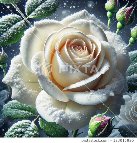 A stunning white rose is adorned with delicate snowflakes, contrasting with vibrant green leaves and emerging buds, capturing the serenity of a winter landscape A stunning white rose is adorned with delicate snowflakes, contrasting with vibrant green leaves and emerging buds, capturing the serenity of a winter landscape 123015980