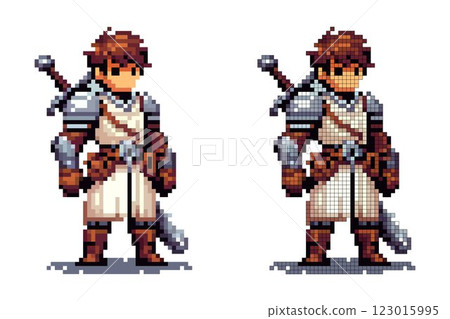 A pixel art warrior stands confidently, wearing medieval armor and holding a sword. The character is designed in vibrant colors, suggesting bravery and readiness for battle in a fantasy realm 123015995