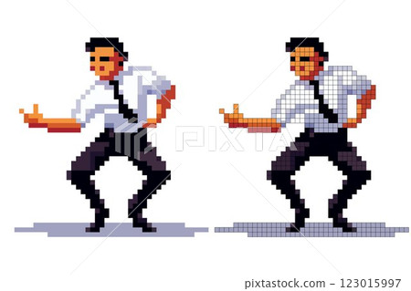 A man showcases a lively dance in retro pixel art style, donning a white shirt and black tie. His energetic posture and facial expression convey fun and enthusiasm 123015997