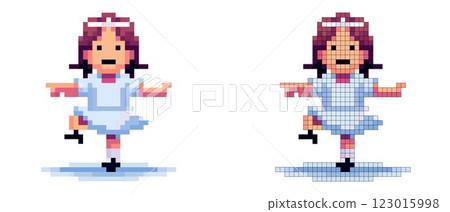A young girl joyfully dances on one foot, wearing a charming blue dress and a white hair ribbon. The pixel art style captures a playful and vibrant atmosphere 123015998