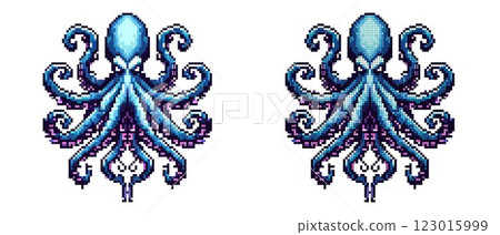 This artwork features a vibrant octopus illustrated in pixel art style. Each tentacle is intricately designed, showcasing shades of blue and purple against a simple backdrop This artwork features a vibrant octopus illustrated in pixel art style. Each tentacle is intricately designed, showcasing shades of blue and purple against a simple backdrop 123015999
