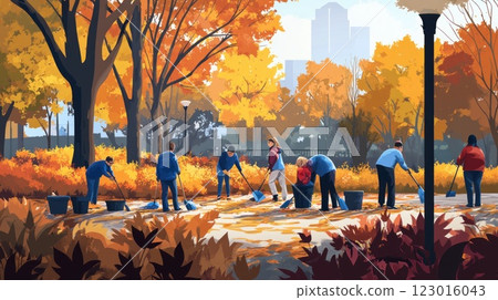 Volunteers cleaning autumn leaves in a city park on a sunny day. 123016043