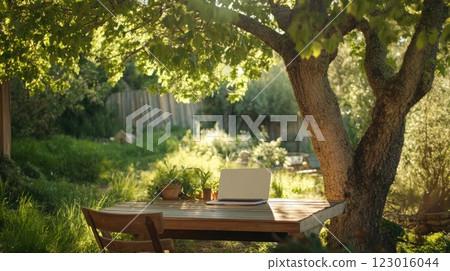 Laptop on wooden table under tree in sunny garden. 123016044