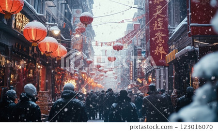 Snowy street scene in Chinatown with red lanterns and crowds of people. 123016070