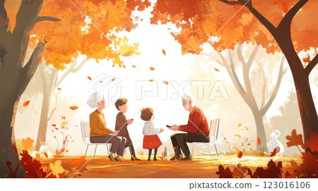Grandparents, grandchildren, autumn park, fall leaves, sunny day, happy family, outdoor, nature, storytelling, togetherness, enjoying. 123016106