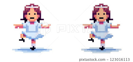 A young girl joyfully dances on one foot, wearing a charming blue dress and a white hair ribbon. The pixel art style captures a playful and vibrant atmosphere 123016113