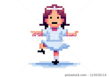 A young girl joyfully dances on one foot, wearing a charming blue dress and a white hair ribbon. The pixel art style captures a playful and vibrant atmosphere A young girl joyfully dances on one foot, wearing a charming blue dress and a white hair ribbon. The pixel art style captures a playful and vibrant atmosphere 123016114