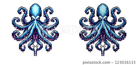 This artwork features a vibrant octopus illustrated in pixel art style. Each tentacle is intricately designed, showcasing shades of blue and purple against a simple backdrop 123016115