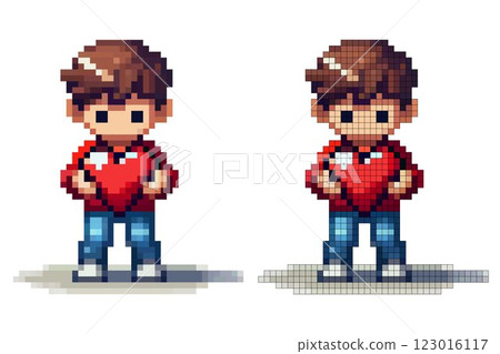 A young pixel art character stands center, cradling a large red heart close to their chest. The character has a cheerful expression, wearing a vibrant red shirt and blue jeans A young pixel art character stands center, cradling a large red heart close to their chest. The character has a cheerful expression, wearing a vibrant red shirt and blue jeans 123016117
