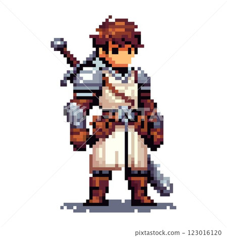 A pixel art warrior stands confidently, wearing medieval armor and holding a sword. The character is designed in vibrant colors, suggesting bravery and readiness for battle in a fantasy realm 123016120