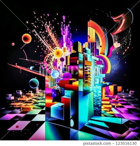 Composition of multi-colored art objects. Installation of various graphic objects on a checkerboard floor. 123016130