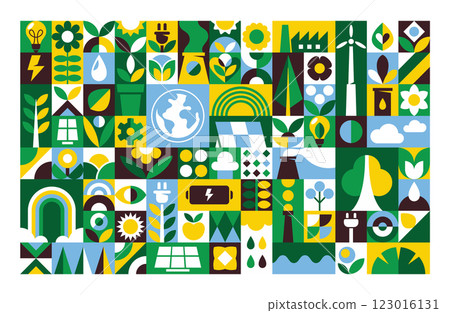 Earth ecology, environment protection, alternative green energy modern geometric elements set Earth ecology, environment protection, alternative green energy modern geometric elements set 123016131