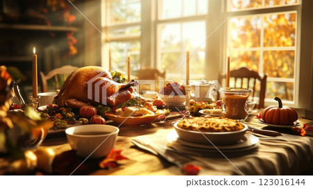 Sunlit Thanksgiving table with roasted turkey, pie, and autumnal decorations. Sunlit Thanksgiving table with roasted turkey, pie, and autumnal decorations. 123016144