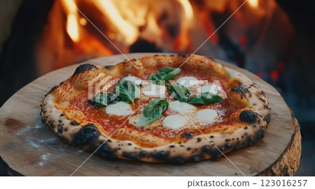 Freshly baked pizza on a wooden board. 123016257