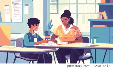 Teacher assisting student with homework at a table. 123016318