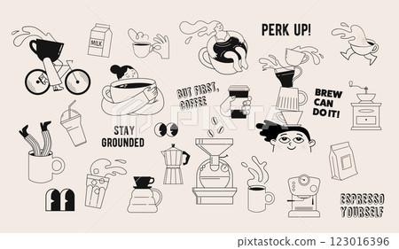 Collection of coffee illustrations and icons. Cafe and coffeeshop design. Concept characters with 123016396