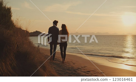Couple walking on the beach at sunset. 123016461