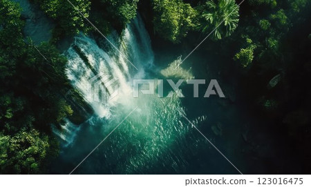 Aerial view of a serene waterfall in lush forest. 123016475