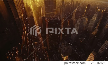 Aerial view of a city skyline at sunset. Aerial view of a city skyline at sunset. 123016476