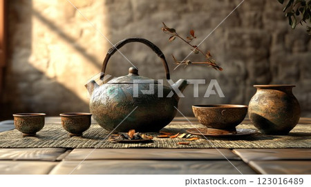 Teapot and cups arranged on a textured surface. 123016489