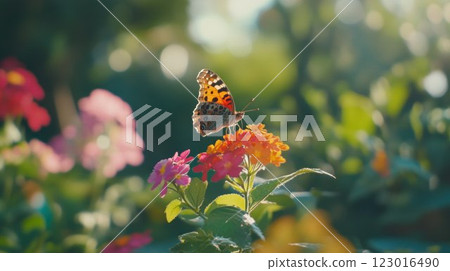 Butterfly perched on vibrant flowers in sunlight. 123016490
