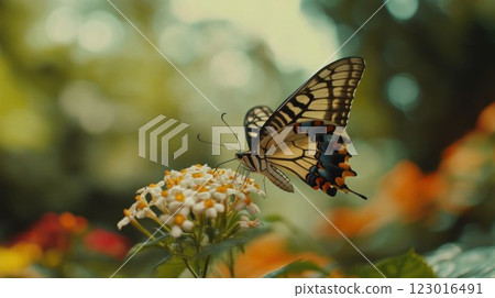 Butterfly perched on a flower in a garden. 123016491