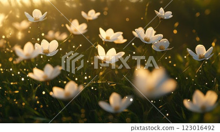 Sunlit flowers in a serene natural setting. 123016492