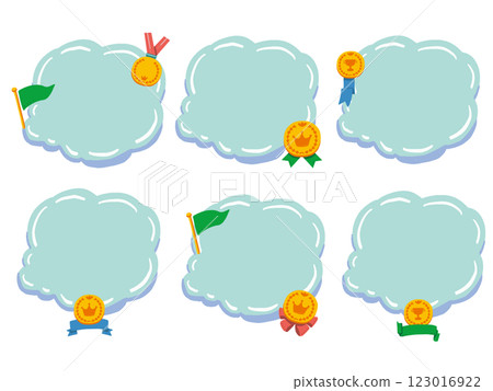 Gold medal and flag cloud-shaped frame illustration set Gold medal and flag cloud-shaped frame illustration set 123016922