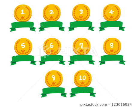 A simple and pop illustration set of a gold medal with numbers and a ribbon 123016924