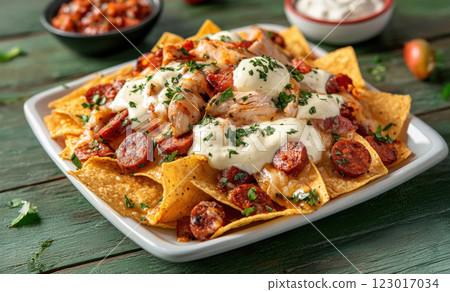 plate of nachos, topped with melted cheese plate of nachos, topped with melted cheese 123017034