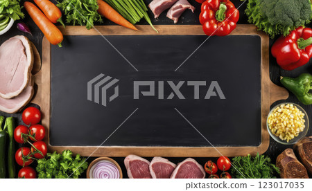 Fresh Ingredients Arranged on a Wooden Cutting Board Ready for Meal Preparation in a Kitchen Setting Fresh Ingredients Arranged on a Wooden Cutting Board Ready for Meal Preparation in a Kitchen Setting 123017035