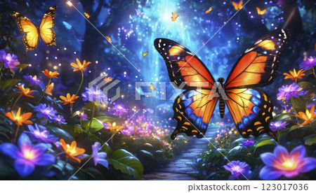 Vibrant Butterflies Fluttering Among Colorful Flowers in a Magical Forest at Twilight Vibrant Butterflies Fluttering Among Colorful Flowers in a Magical Forest at Twilight 123017036