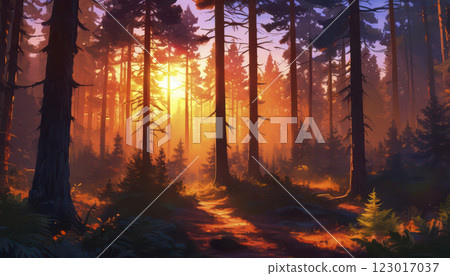 Majestic Sunset Glowing Through Tall Trees in a Tranquil Forest 123017037