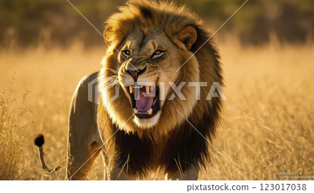 Majestic Lion Roaring in Golden Grassland During Sunset in the African Savanna 123017038