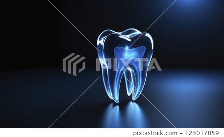 Bright Blue Tooth Sculpture Illuminated Against a Dark Background Creating a Futuristic Dental Aesthetic 123017059