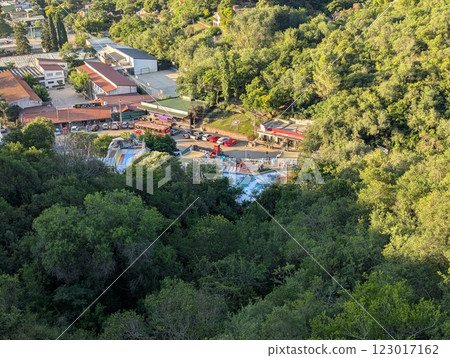 Villa Carlos Paz, Argentina - 02.01.2025: View of the cable car buildings Villa Carlos Paz, Argentina - 02.01.2025: View of the cable car buildings 123017162