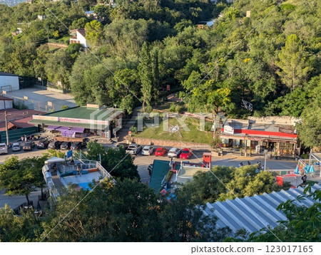 Villa Carlos Paz, Argentina - 02.01.2025: View of the clock and cable car buildings 123017165