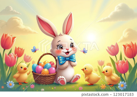 Cute Bunny With Colorful Eggs and Ducklings in a Vibrant Spring Landscape 123017183