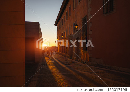 sunset on street of cozy old town, travel concept sunset on street of cozy old town, travel concept 123017196
